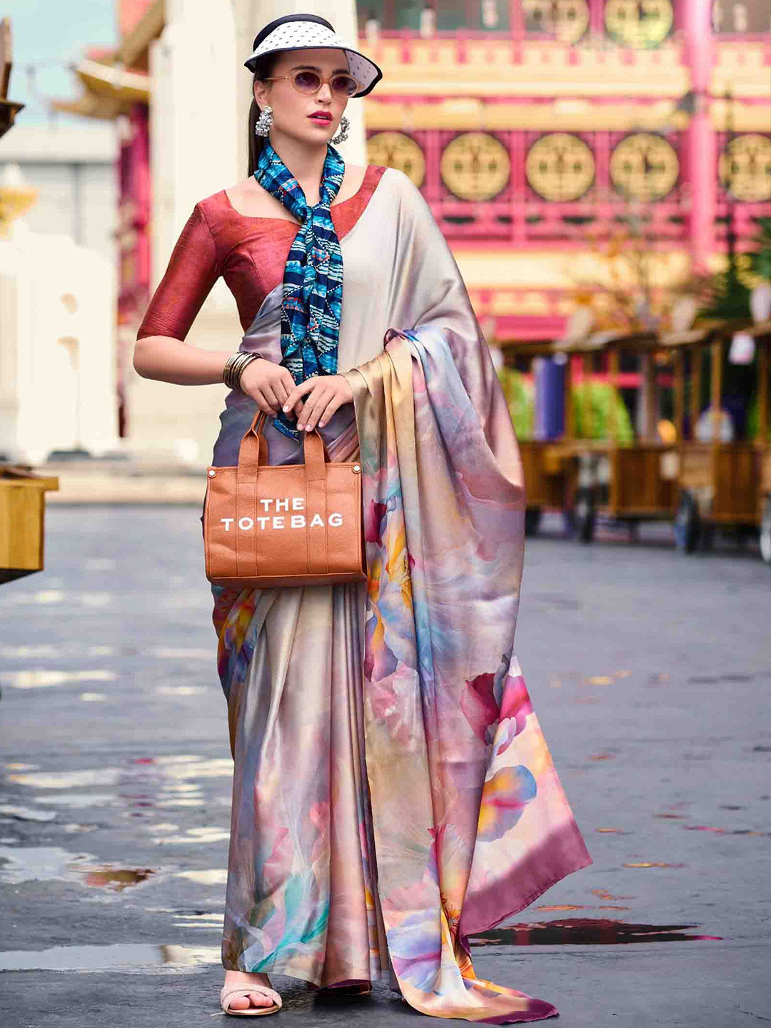 

KIMISHA Floral Printed Satin Saree, Blue