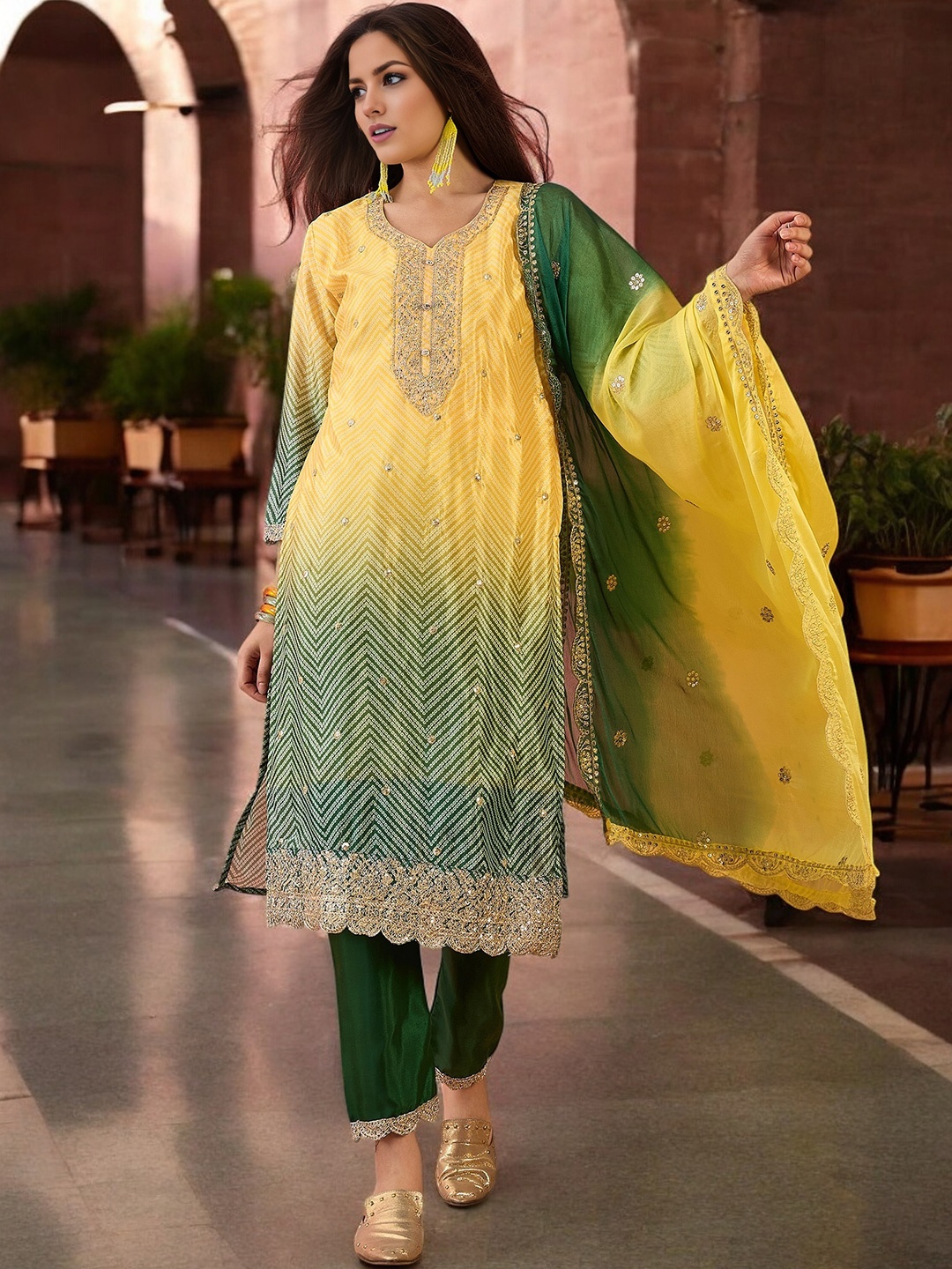 

KALINI Bandhani Printed Sequinned Straight Kurta With Trousers & Dupatta, Yellow