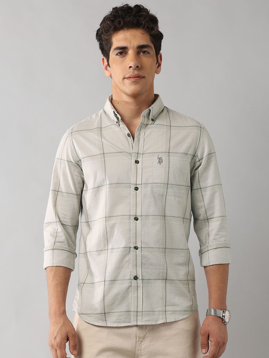 

U.S. Polo Assn. Denim Co. Men Classic Regular Fit Checked Cotton Casual Shirt, Grey
