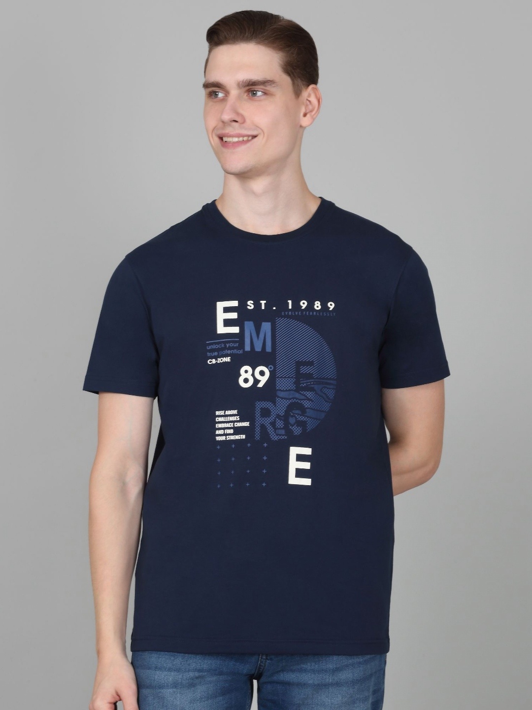

Cantabil Men Typography Printed Round Neck Cotton T-shirt, Navy blue