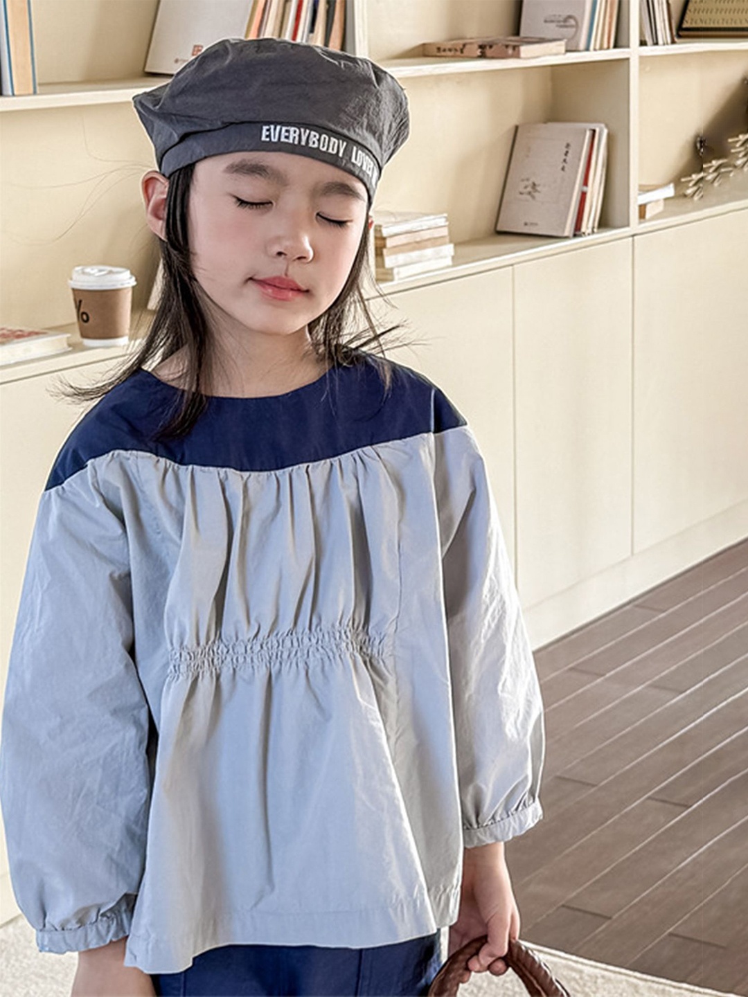 

LULU & SKY Girls Colourblocked Smocked Detail Top, Navy blue