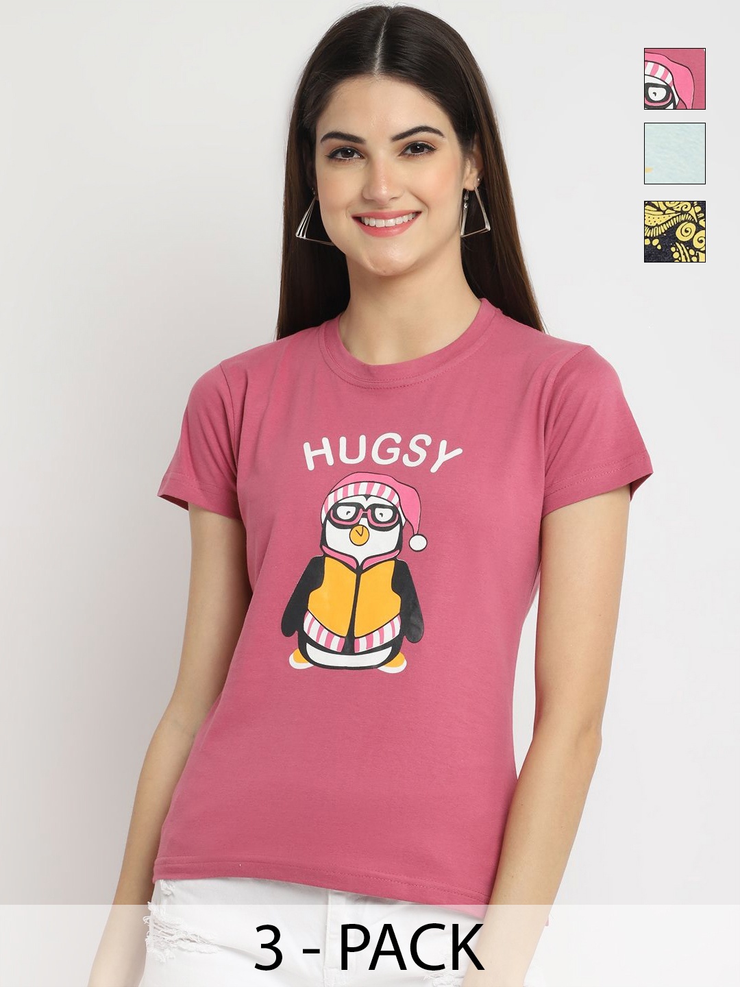 

Dreambe Women Pack of 3 Graphic Printed Round Neck Cotton T-shirts, Pink