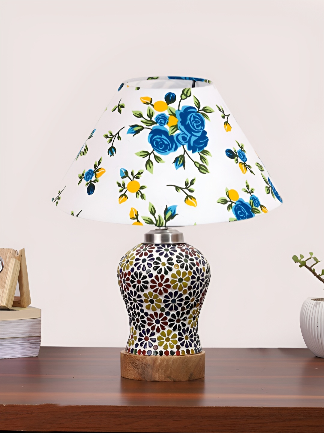 

Devansh White Printed Traditional Frustum Shaped Wooden Table Lamp & Mosaic Glass