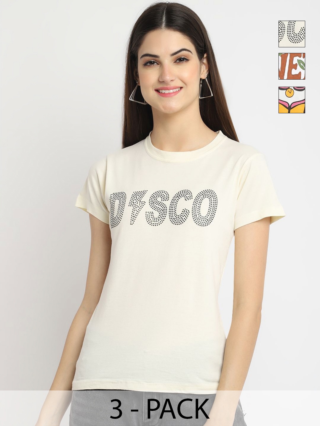 

Dreambe Women Pack of 3 Typography Printed Round Neck Cotton T-shirts, Pink