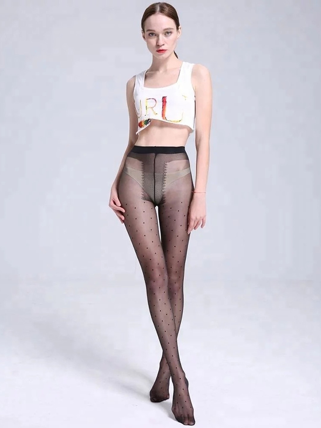 

GLAMORAS Women High Waist Polka Dot Texture Sheer Stockings, Grey