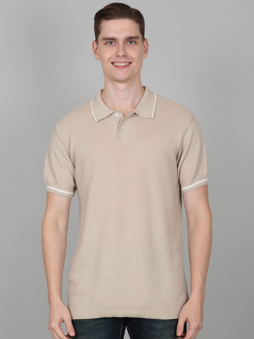 

Cantabil Men Solid Polo Collar T-shirt, Beige