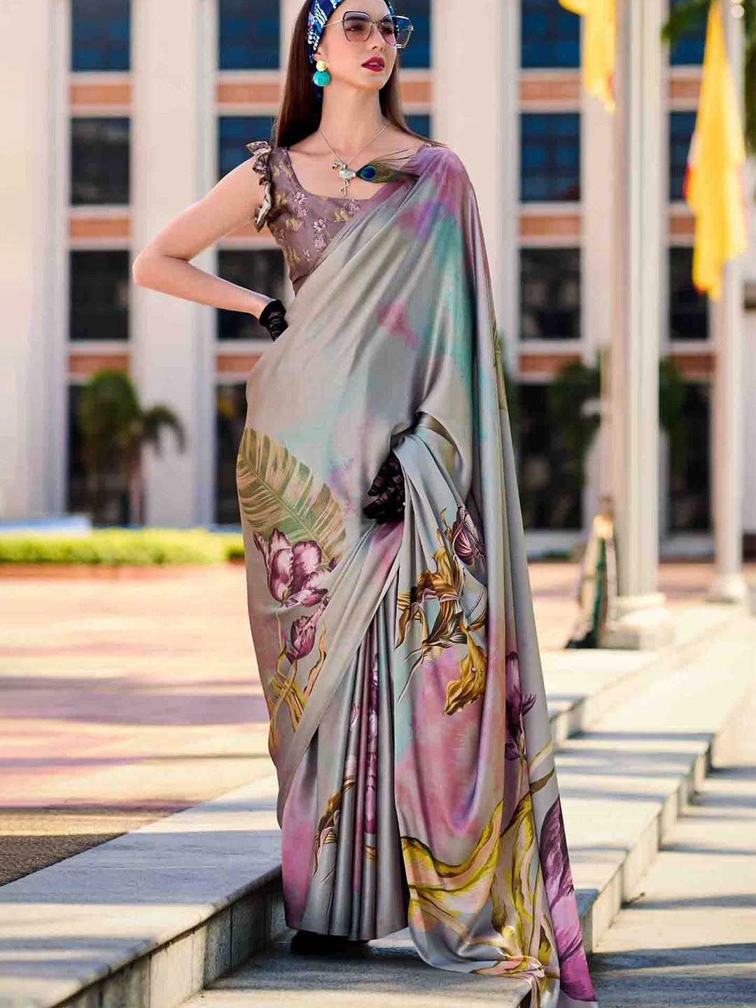 

Blissta Floral Printed Satin Saree, Grey