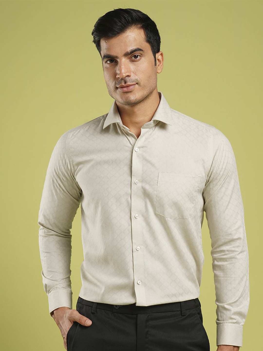 

John Philips Men India Slim Fit Spread Collar Solid Casual Shirt, Beige