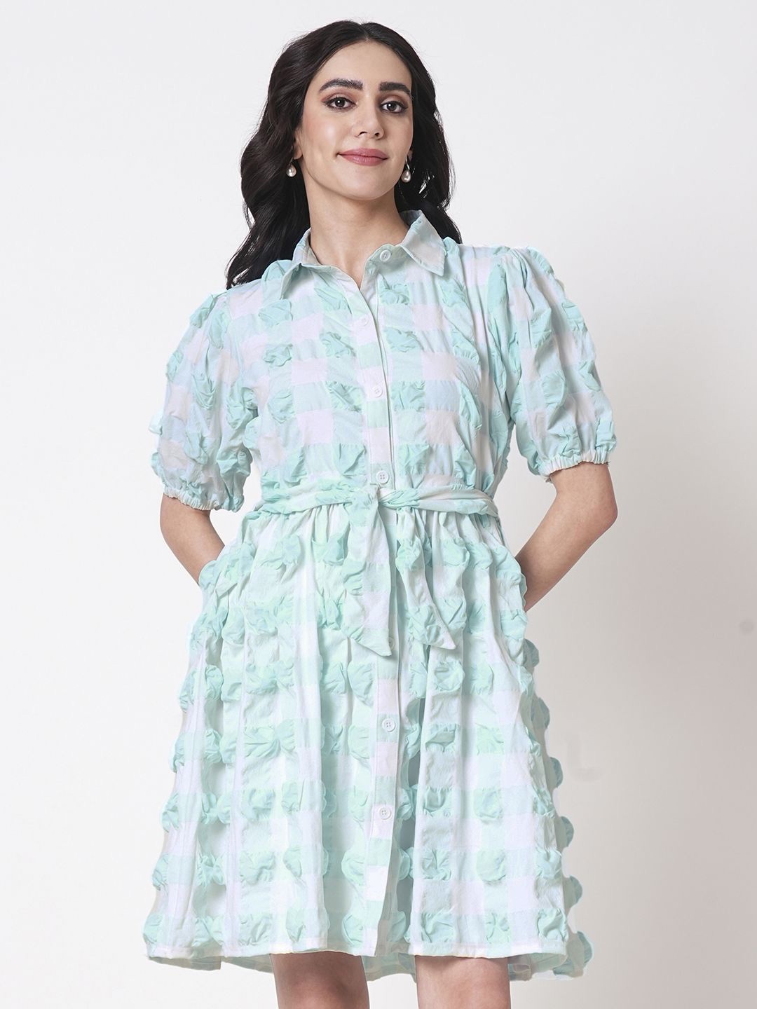 

15 BUTTONS Checked Crepe Shirt Dress, Turquoise blue