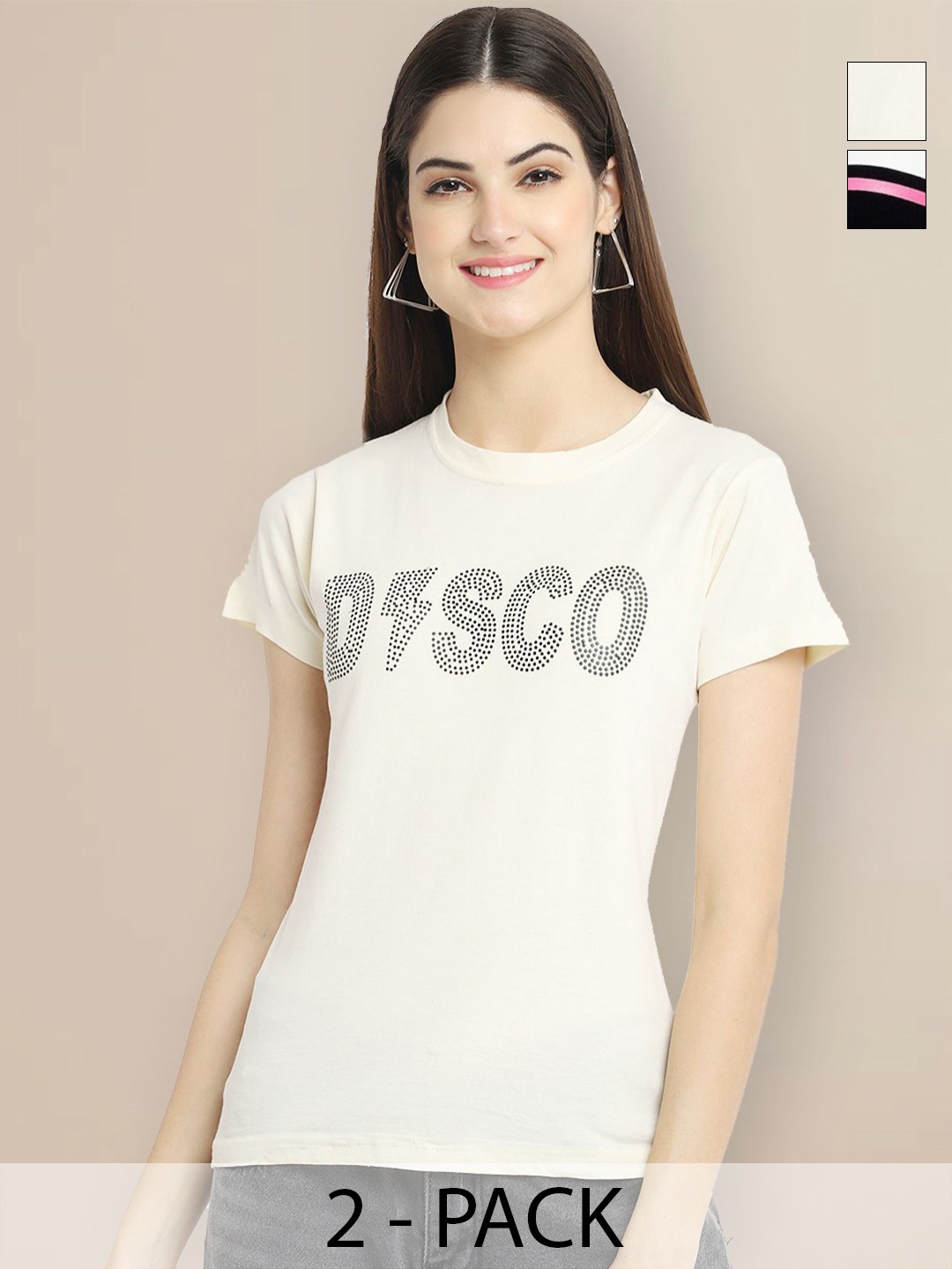 

GLOBAL NOMAD Women Pack of 2 Typography Printed Round Neck Cotton T-shirts, Cream