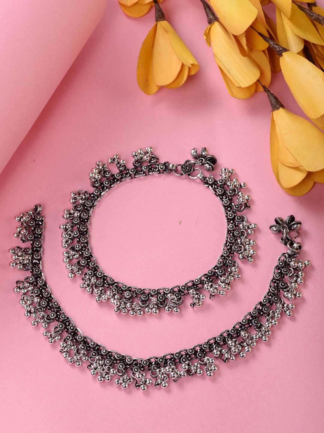 

Saraf RS Jewellery Set Of 2 Rhodium-Plated Artificial Beaded Oxidised Anklet, Silver