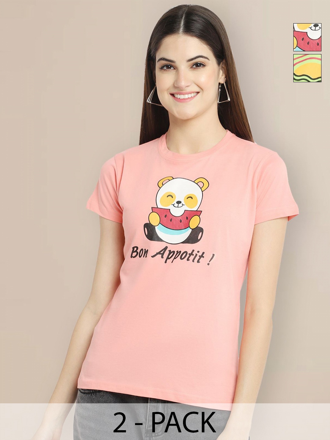 

GLOBAL NOMAD Women Pack of 2 Graphic Printed Round Neck Cotton T-shirts, Peach