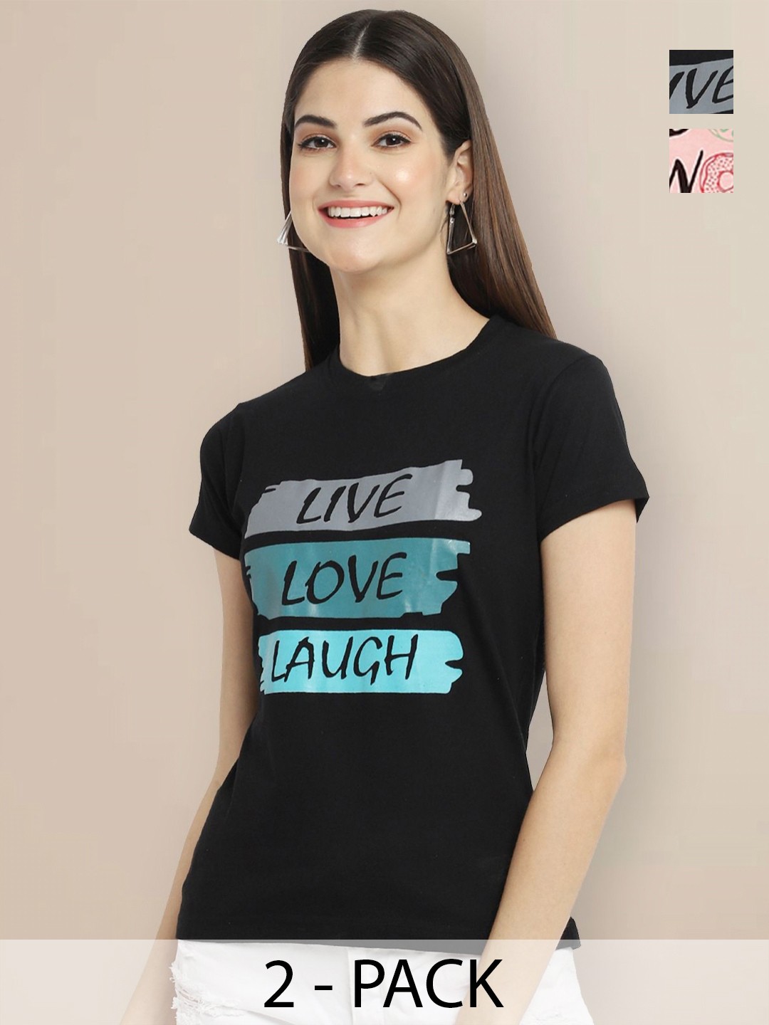 

GLOBAL NOMAD Women Pack of 2 Typography Printed Round Neck Cotton T-shirts, Black