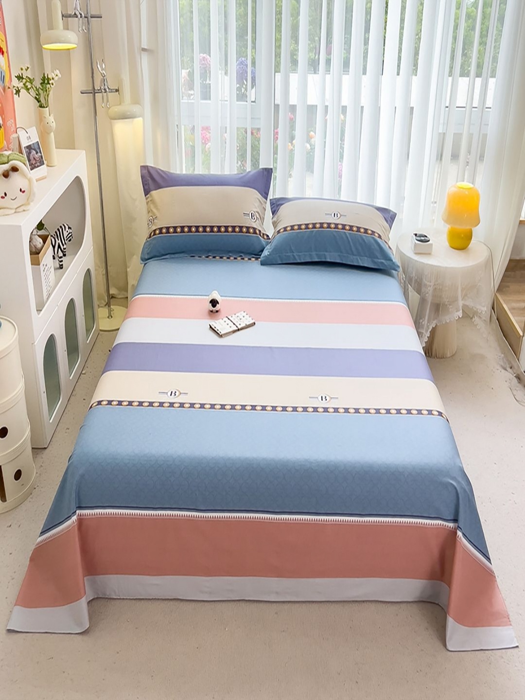 

JC HOME Blue & Peach Striped Cotton 220 TC Queen Size Bedsheet Set 1.80 m x 2.30 m