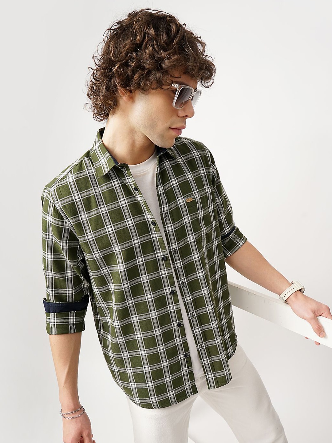 

Genoa Men Classic Slim Fit Tartan Checks Opaque Checked Casual Shirt, Green