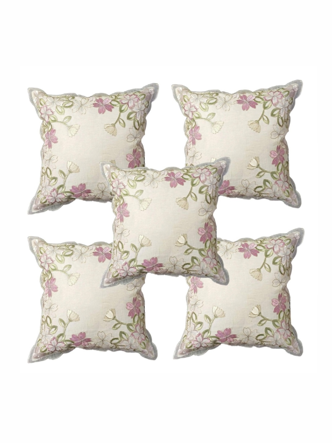 

MONKDECOR Pink & Green Set of 5 Floral Embroidered Square Cushion Covers