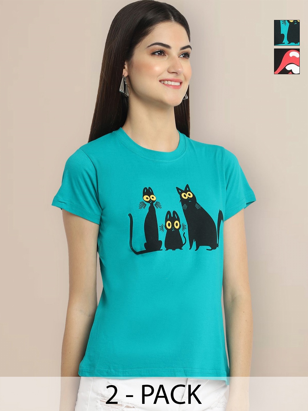 

GLOBAL NOMAD Women Pack of 2 Graphic Printed Round Neck Cotton T-shirts, Teal