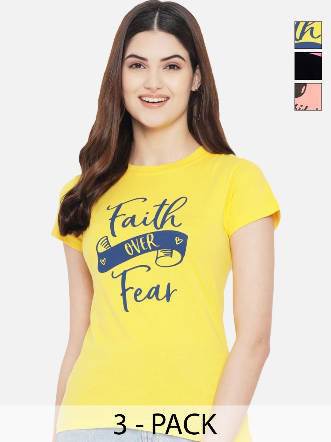 

Dreambe Women Pack of 3 Typography Printed Round Neck Cotton T-shirts, Yellow