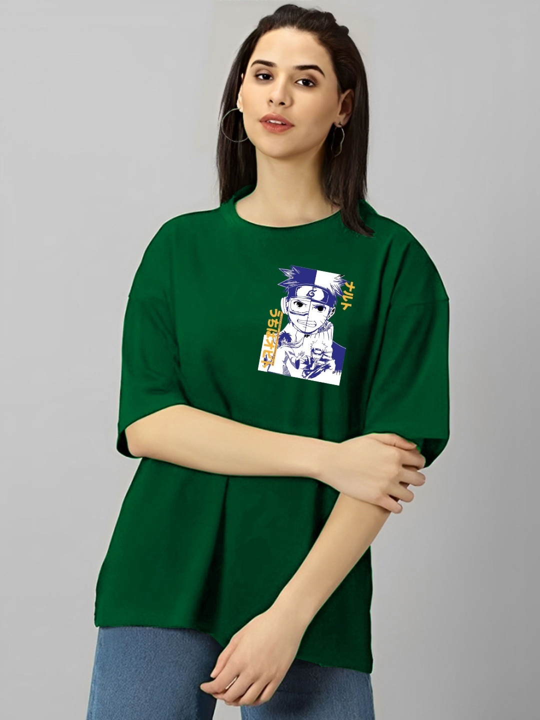 

Kushi Flyer Women Naruto Graphic Printed Round Neck Cotton Oversized T-shirt, Green