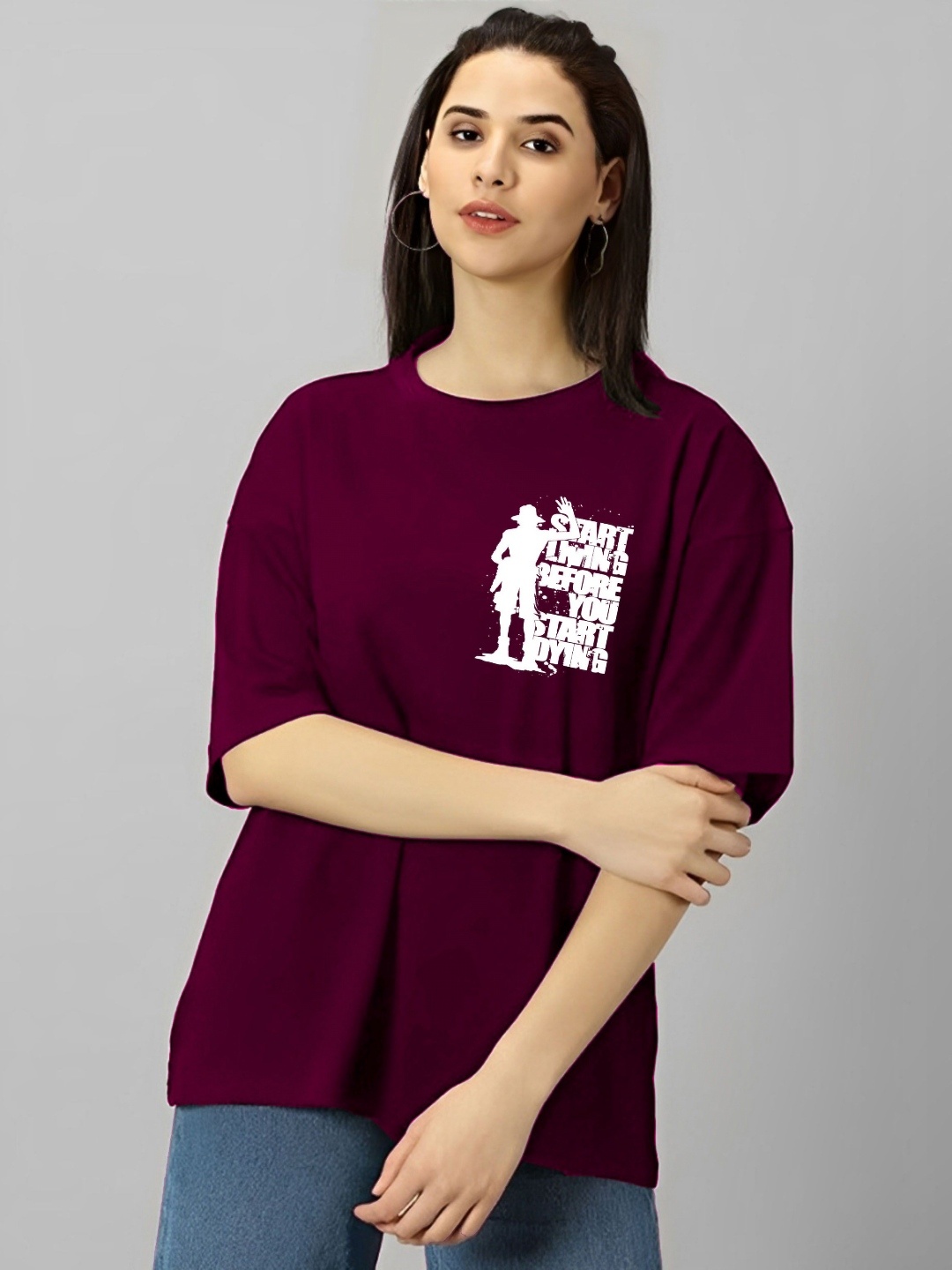 

LECOWAR Women Graphic Printed Round Neck Cotton Oversized T-shirt, Burgundy