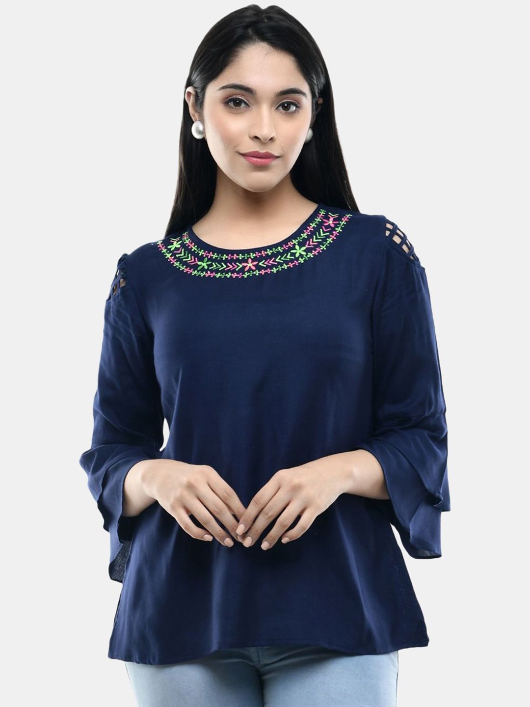 

VAAMII Women Embroidered Round Neck Bell Sleeve A-line Top, Navy blue