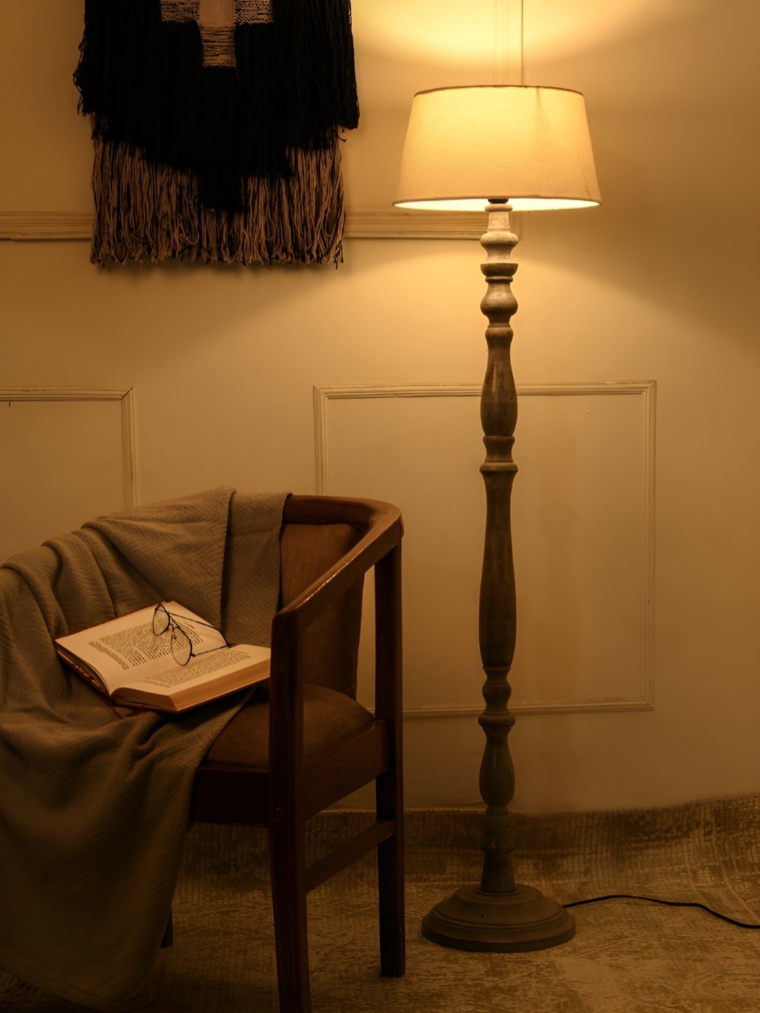

green girgit Grey & Off White Wooden Frustum Shaped Floor Lamp