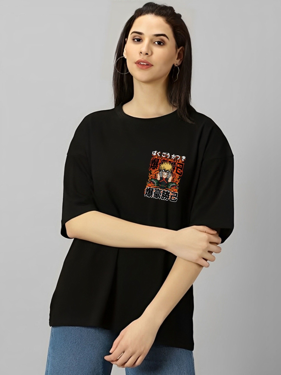 

Kushi Flyer Women Naruto Graphic Printed Round Neck Cotton Oversized T-shirt, Black