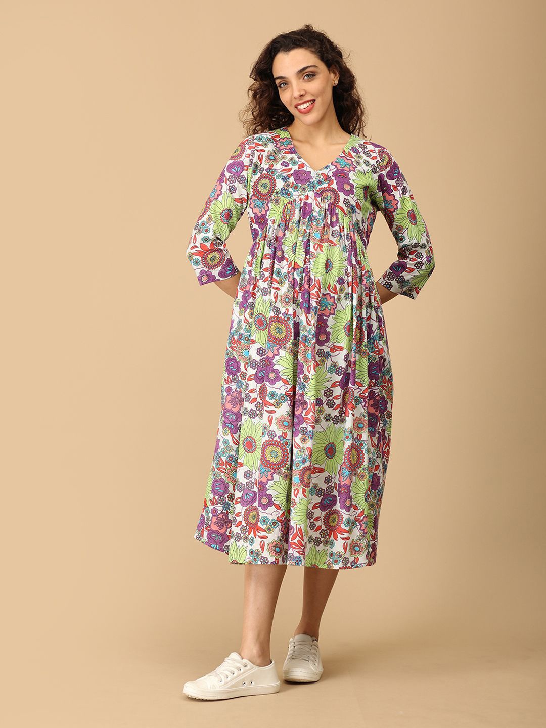 

The Mom Store Women Floral Print V-Neck Maternity Midi A-Line Dress, Multi