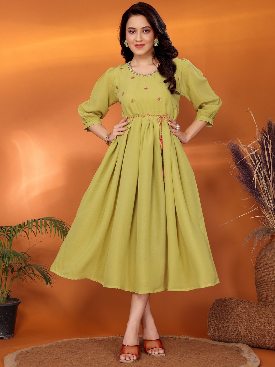 

Rangita Women Embroidered Fit & Flared Dress, Lime green