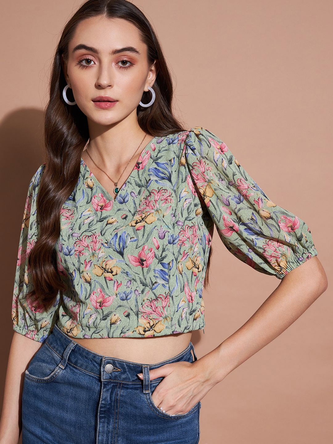 

CORSICA Women Floral Print Puff Sleeve Chiffon Crop Top, Green