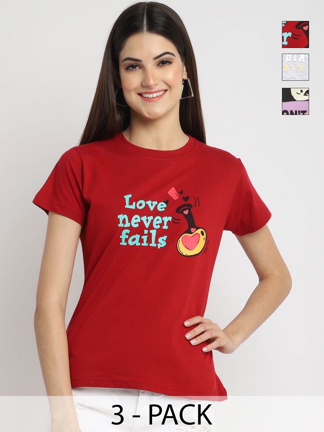 

Dreambe Women Pack of 3 Graphic Printed Round Neck Cotton T-shirts, Red
