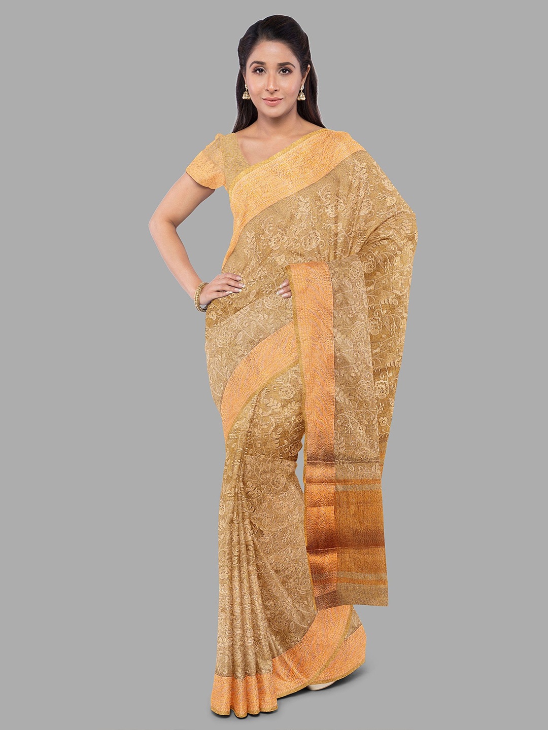 

The Chennai Silks Floral Embroidered Tissue Fusion Banarasi Saree, Gold