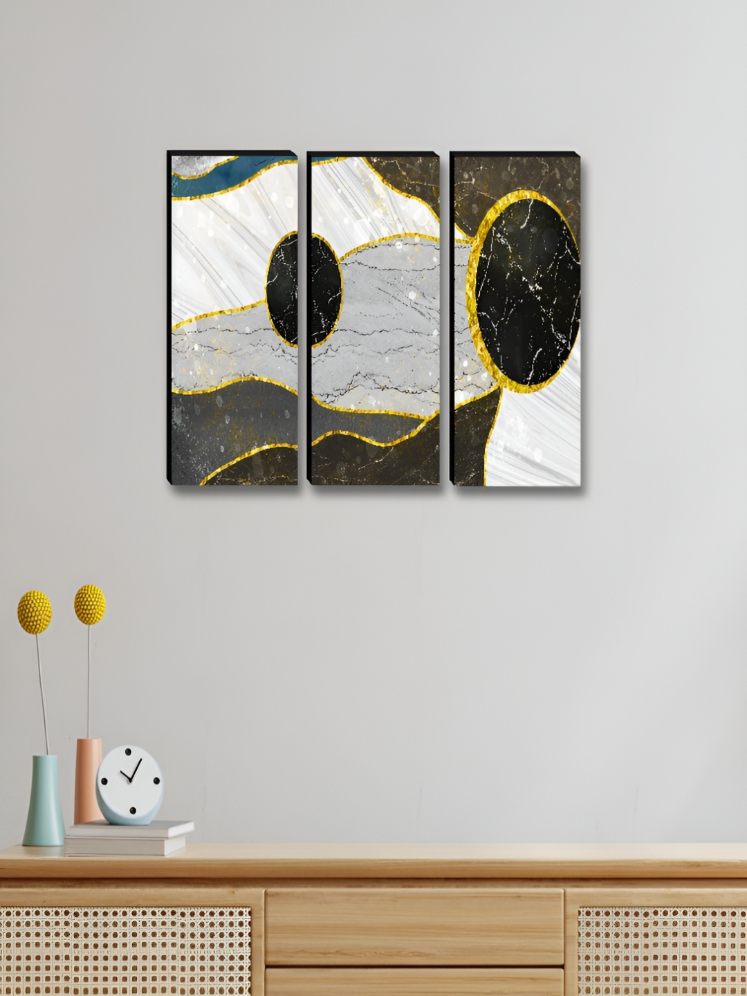 

Myntra Elegant Homes Grey & Black 3 Pieces Abstract Wooden Wall Arts