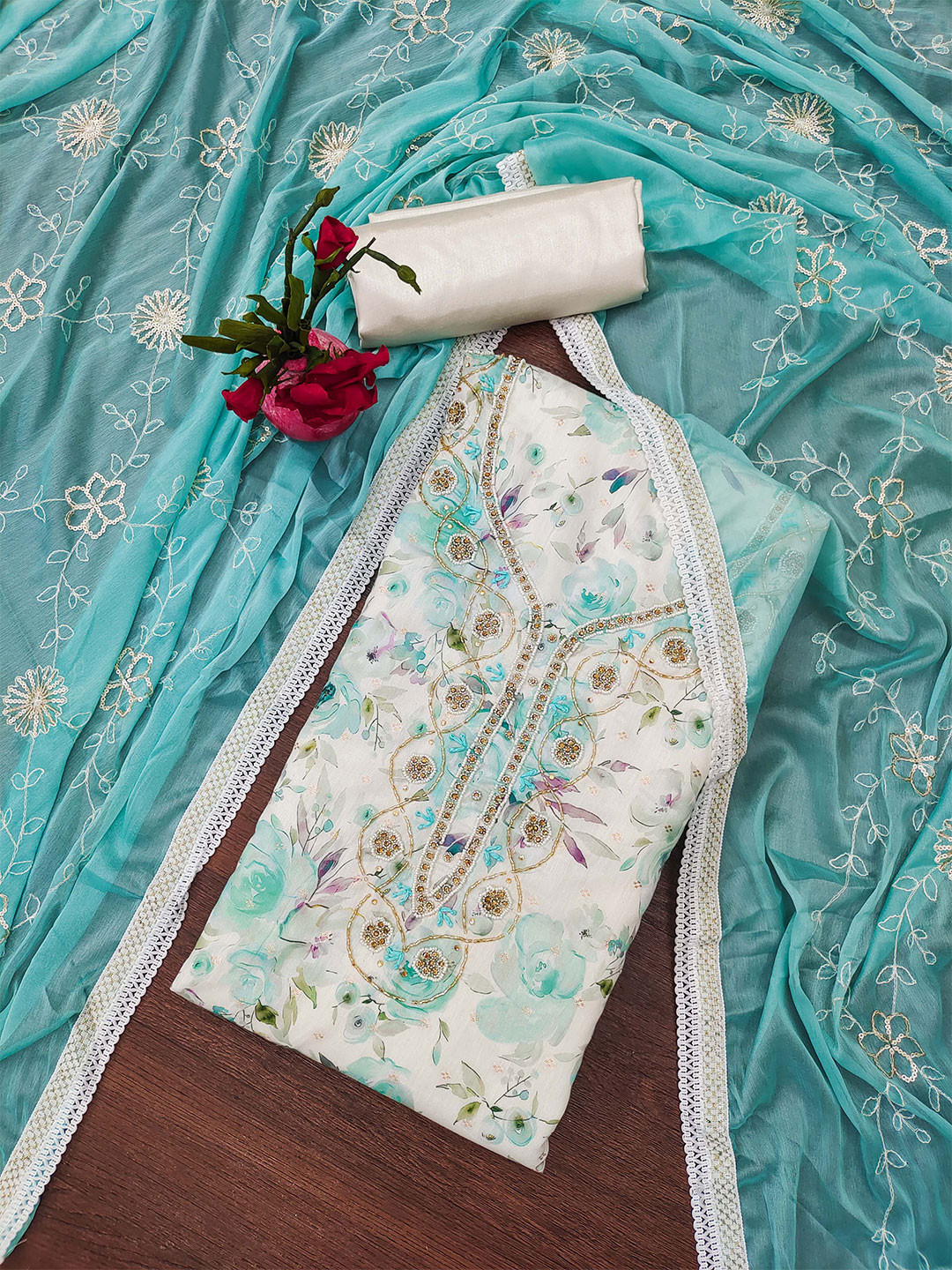 

SHADOW & SAINING Floral Printed Beads & Stones Modal Cotton Unstitched Dress Material, Blue