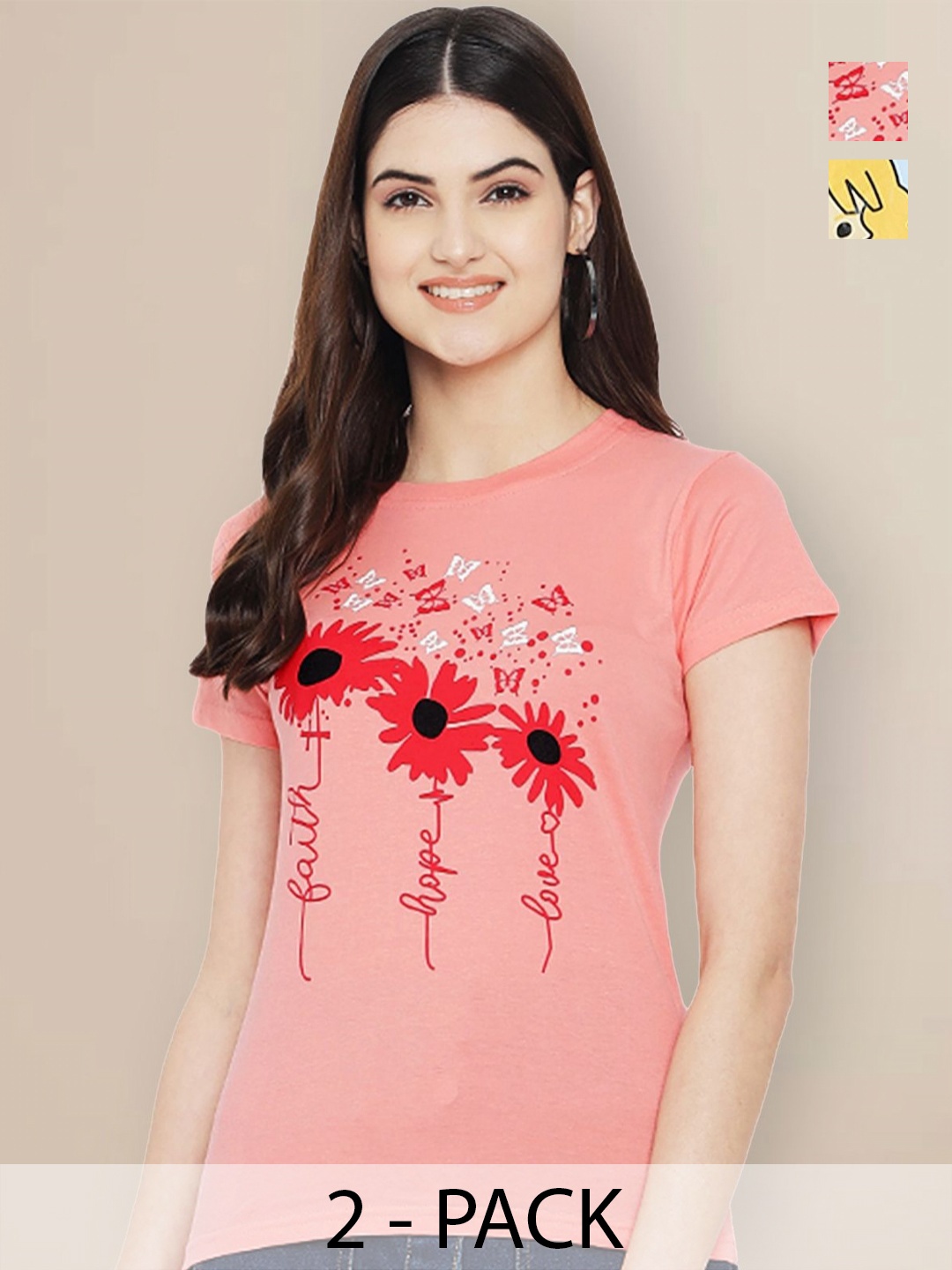 

GLOBAL NOMAD Women Pack of 2 Floral Printed Round Neck Cotton T-shirts, Peach