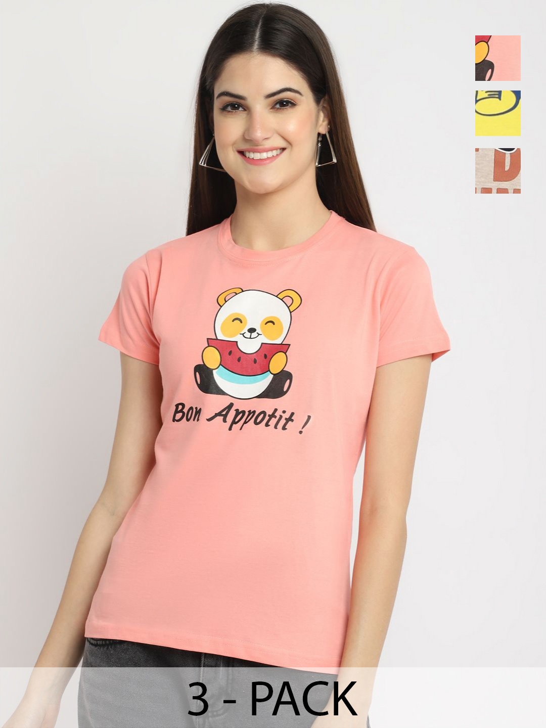 

Dreambe Women Pack of 3 Typography Printed Round Neck Cotton T-shirts, Peach