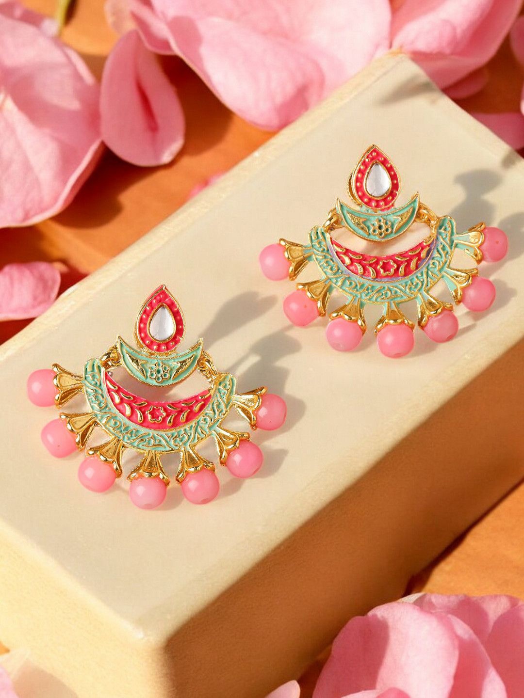 

Anouk Artificial Beaded Cresent Shaped Meenakari Drop Earrings, Pink