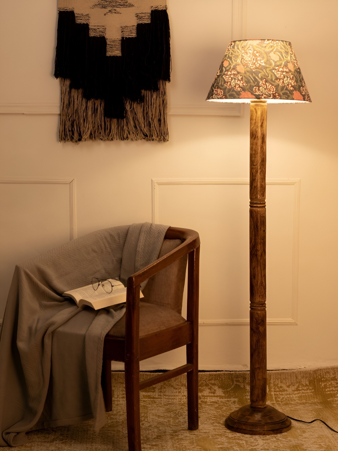 

green girgit Brown & Blue Floral Printed Frustum Shaped Wooden Floor Lamp