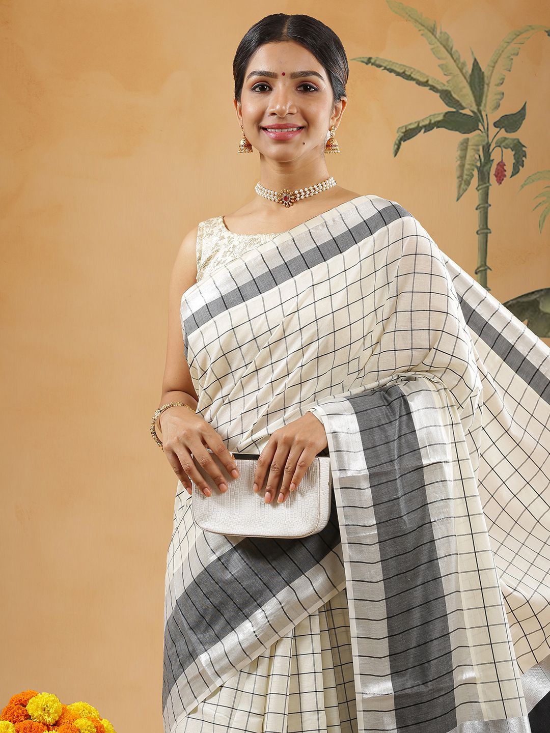 

Kalyan Silks Checked Pure Cotton Kasavu Saree, Off white