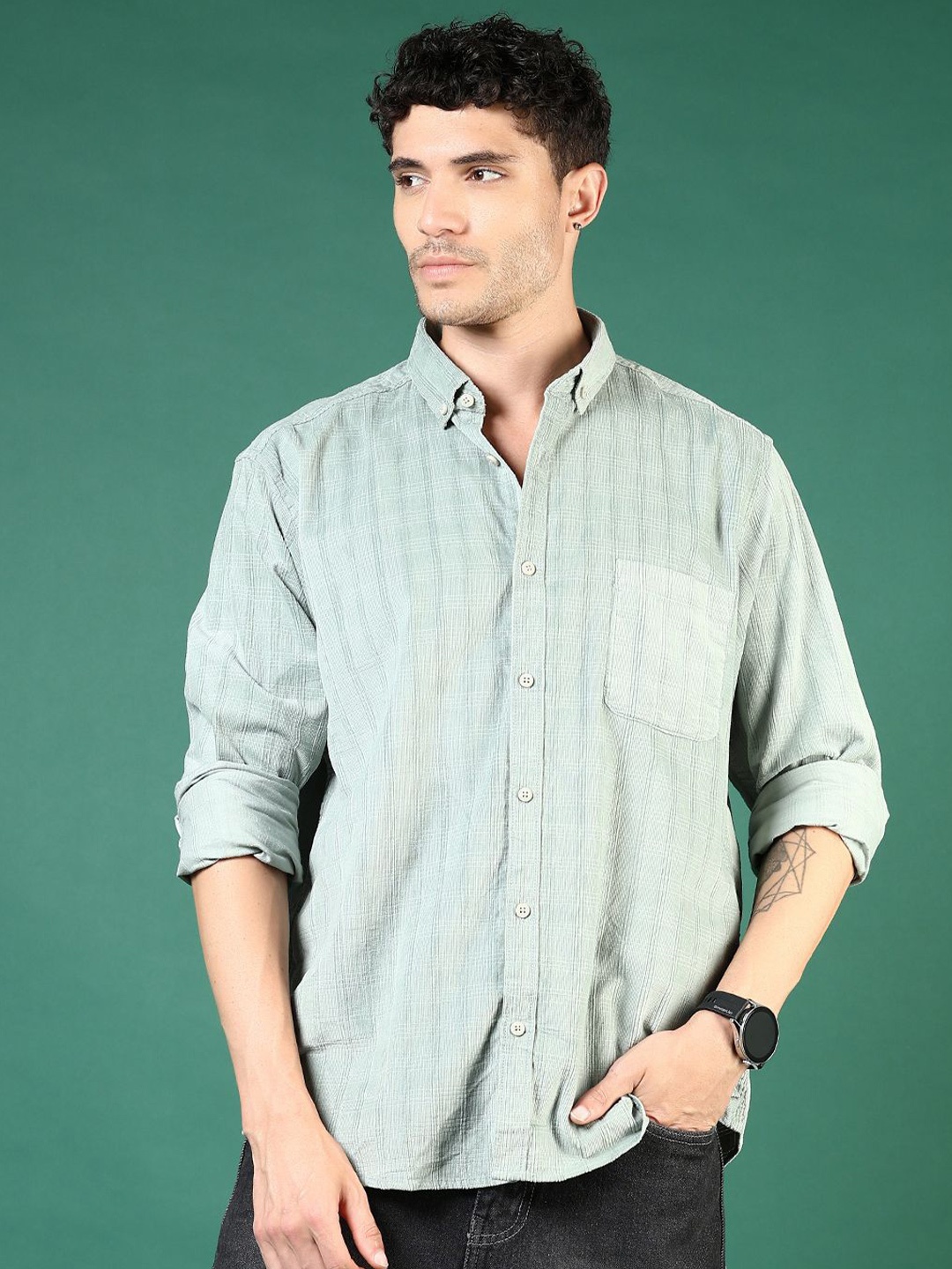 

V-Mart Men Spread Collar Solid Cotton Casual Shirt, Sea green