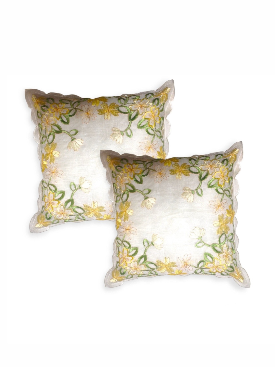 

MONKDECOR Yellow Set of 2 FloralEmbroidered Square Cushion Covers