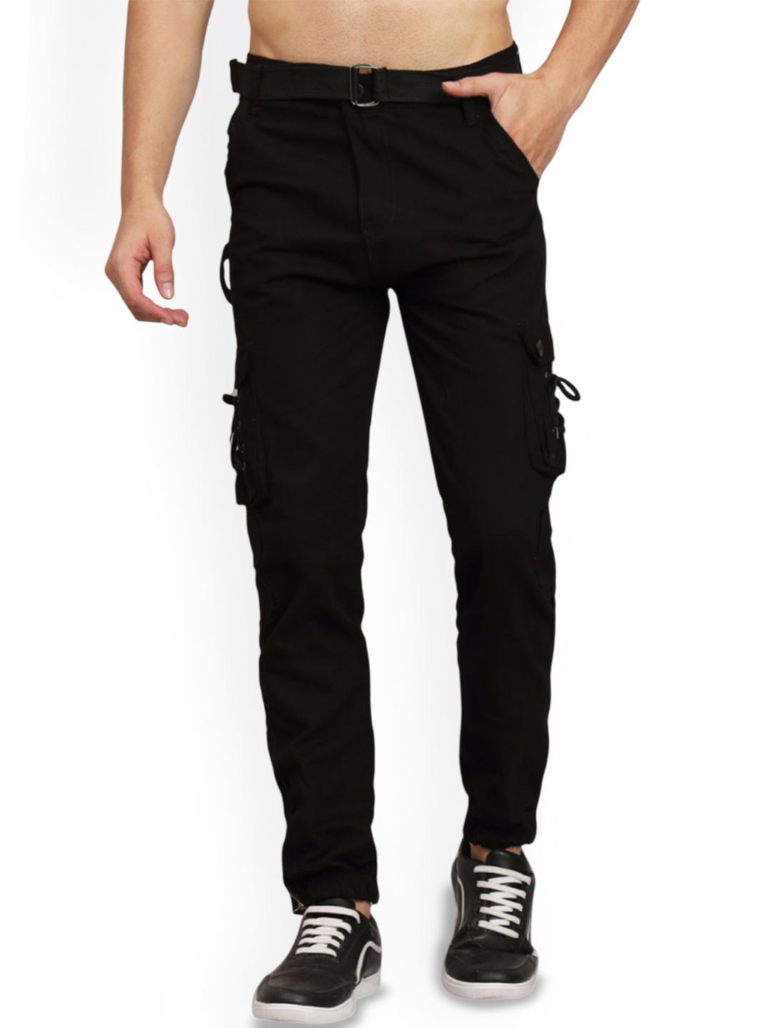 

COMFITS Men Denim Classic Regular Fit Mid-Rise Flat-Front Cargo Trousers, Black