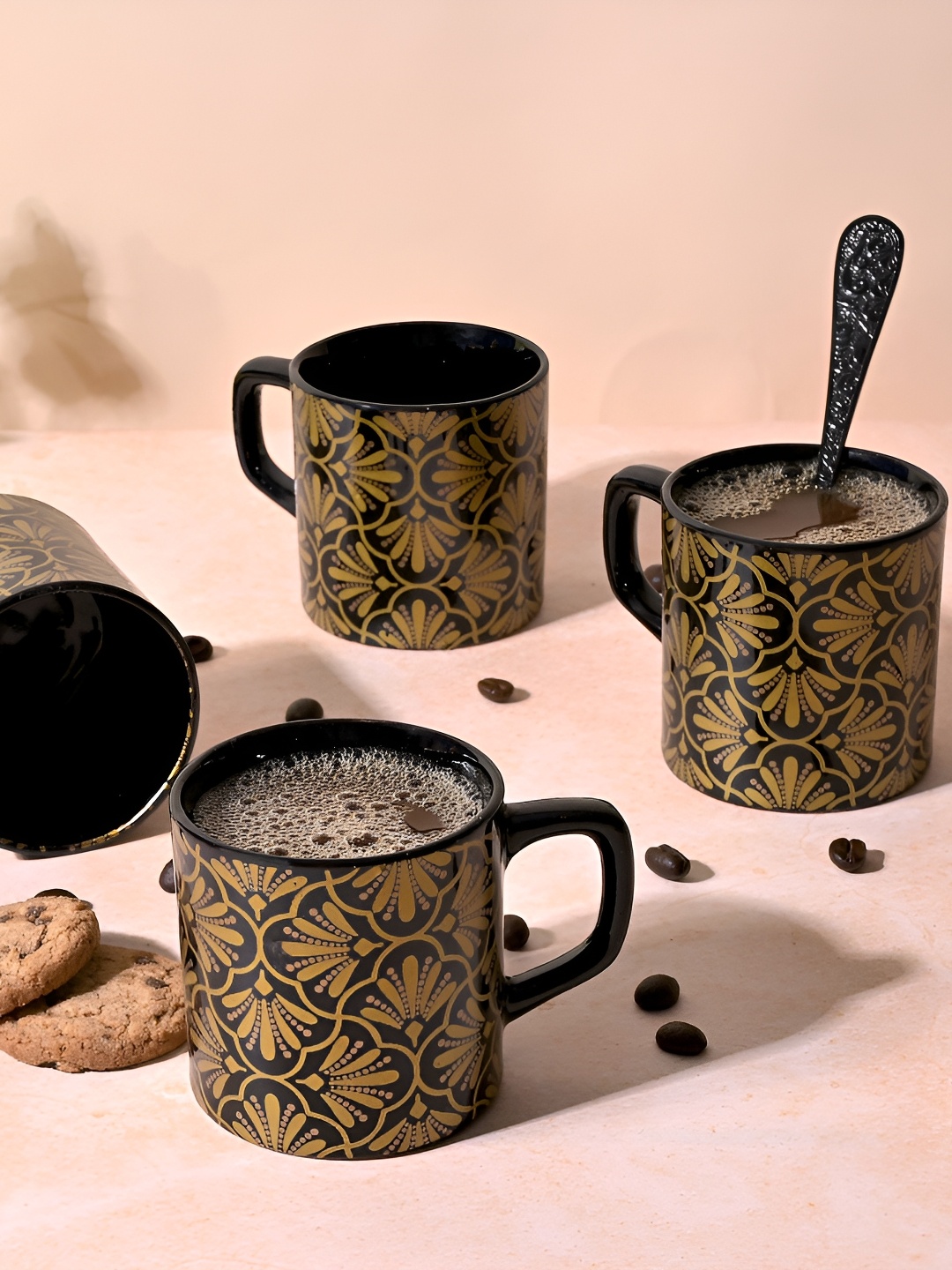 

Storepedia Gold-Toned And Black 4 Pieces Textured Ceramic Matte Mugs