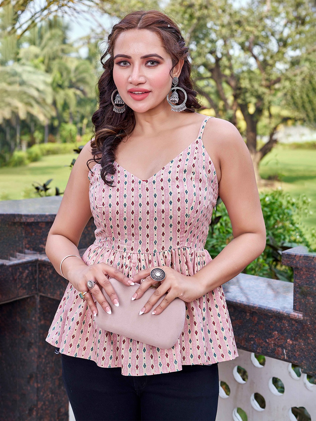 

CHANSI Printed Shoulder Straps Peplum Top, Pink