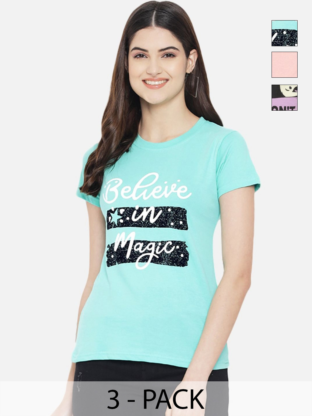 

Dreambe Women Pack of 3 Typography Printed Round Neck Cotton T-shirts, Peach