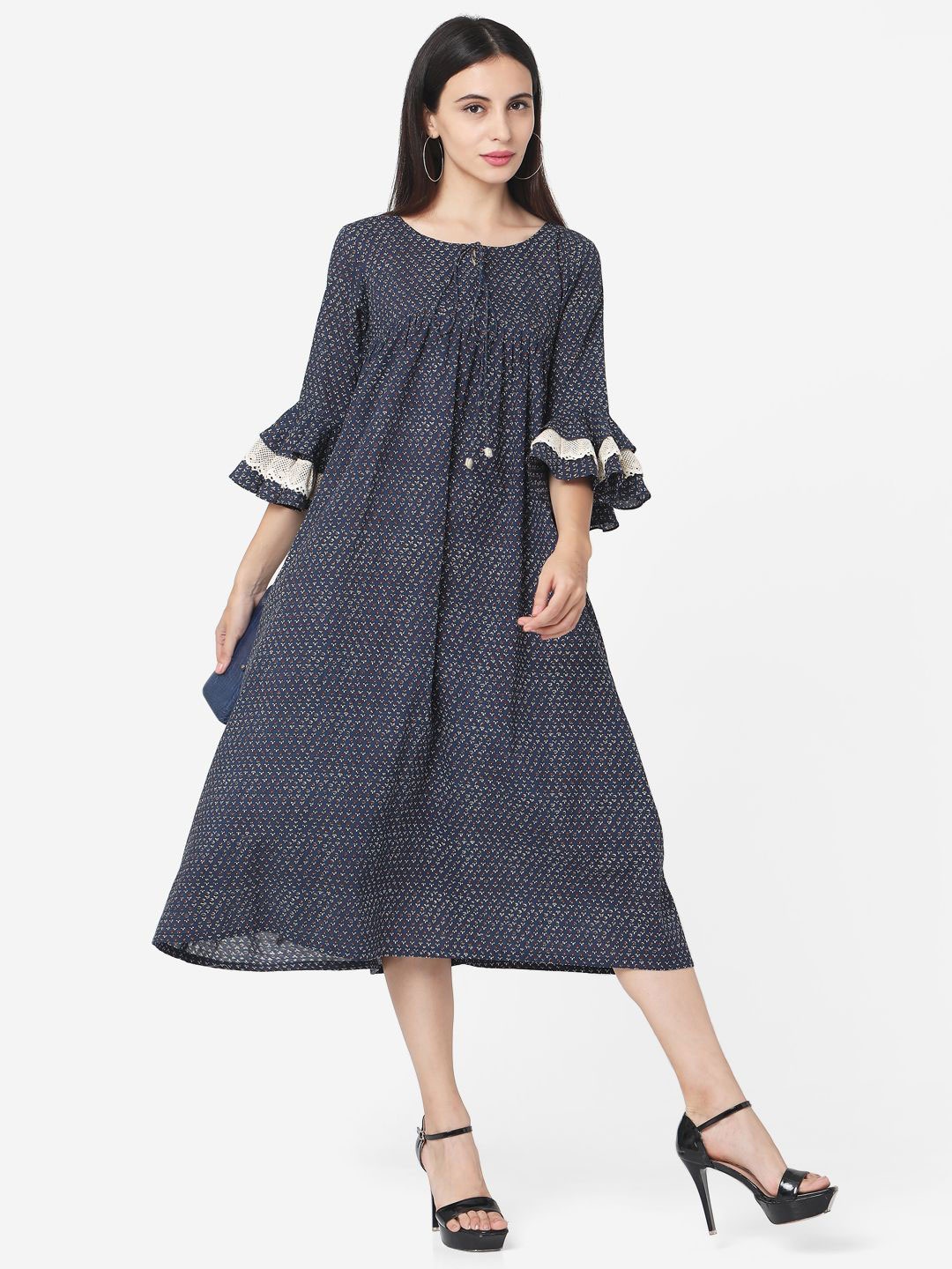 

KALINI Women Floral Printed Bell Sleeve Midi A-Line Dress, Navy blue