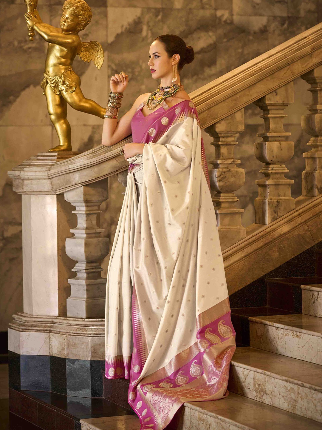 

KIMISHA Ethnic Motifs Woven Design Saree, Cream