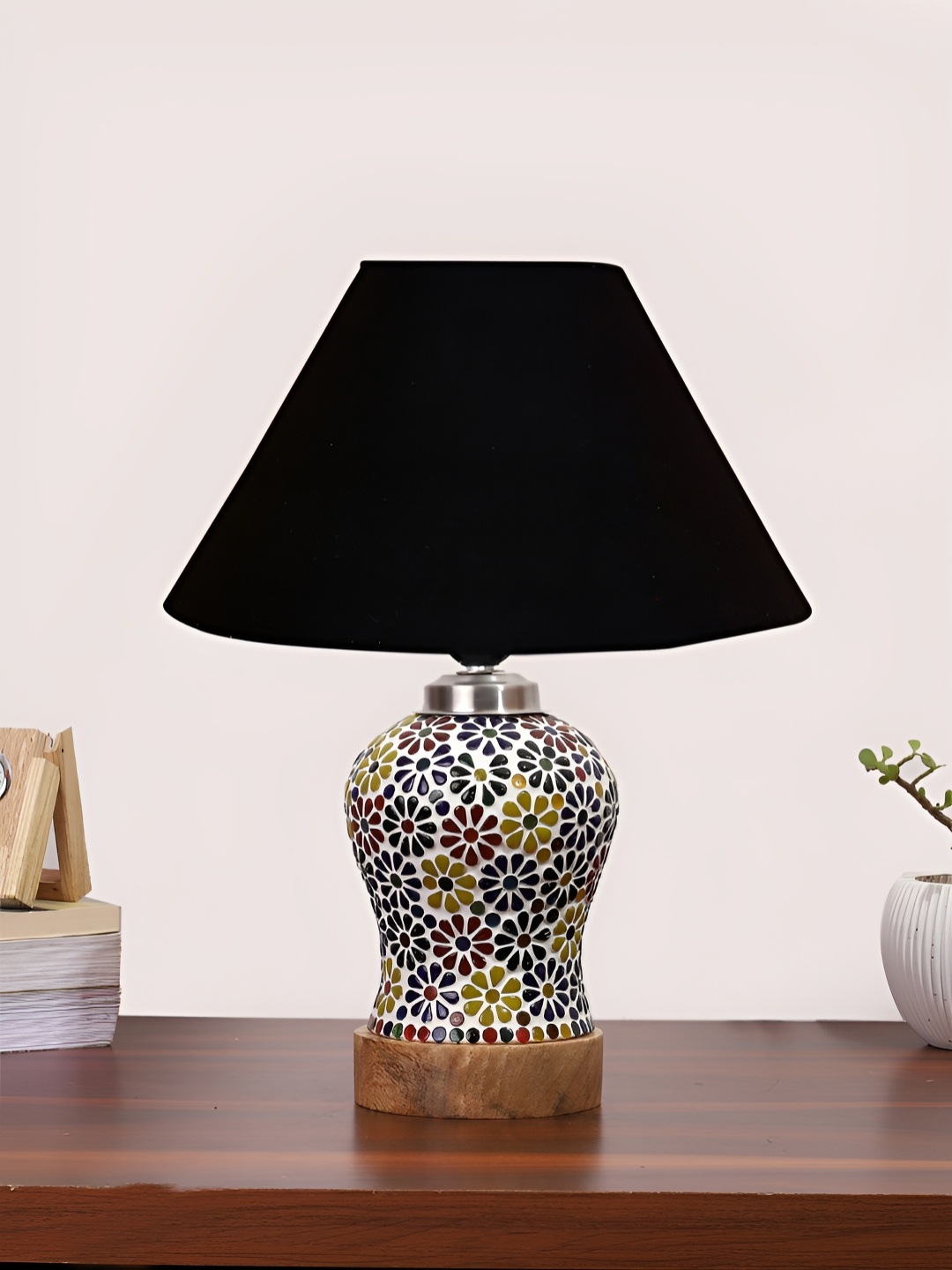 

Devansh Black Textured Frustum Shaped Wooden Table Lamp