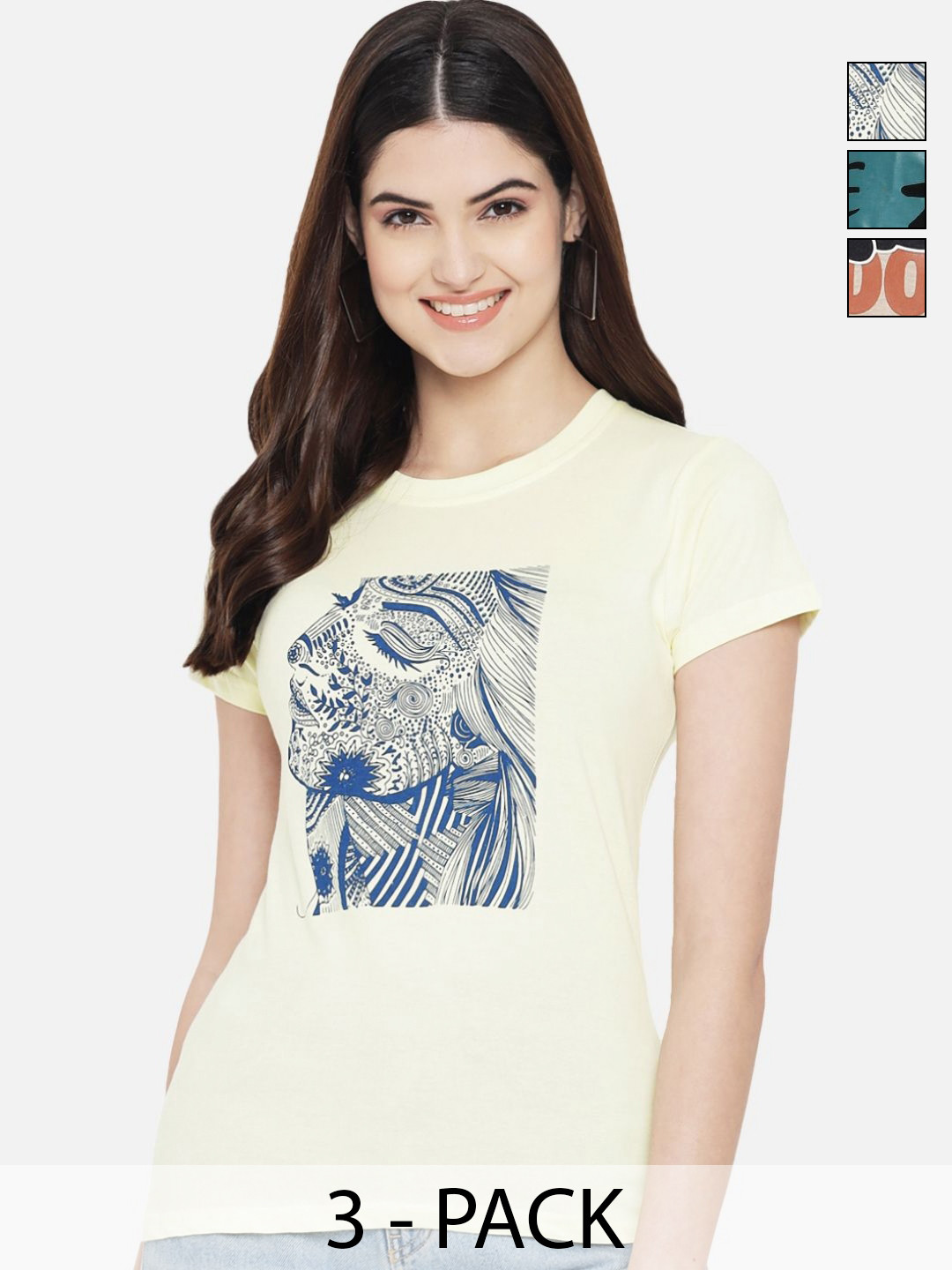 

Dreambe Women Pack of 3 Graphic Printed Round Neck Cotton T-shirts, Cream
