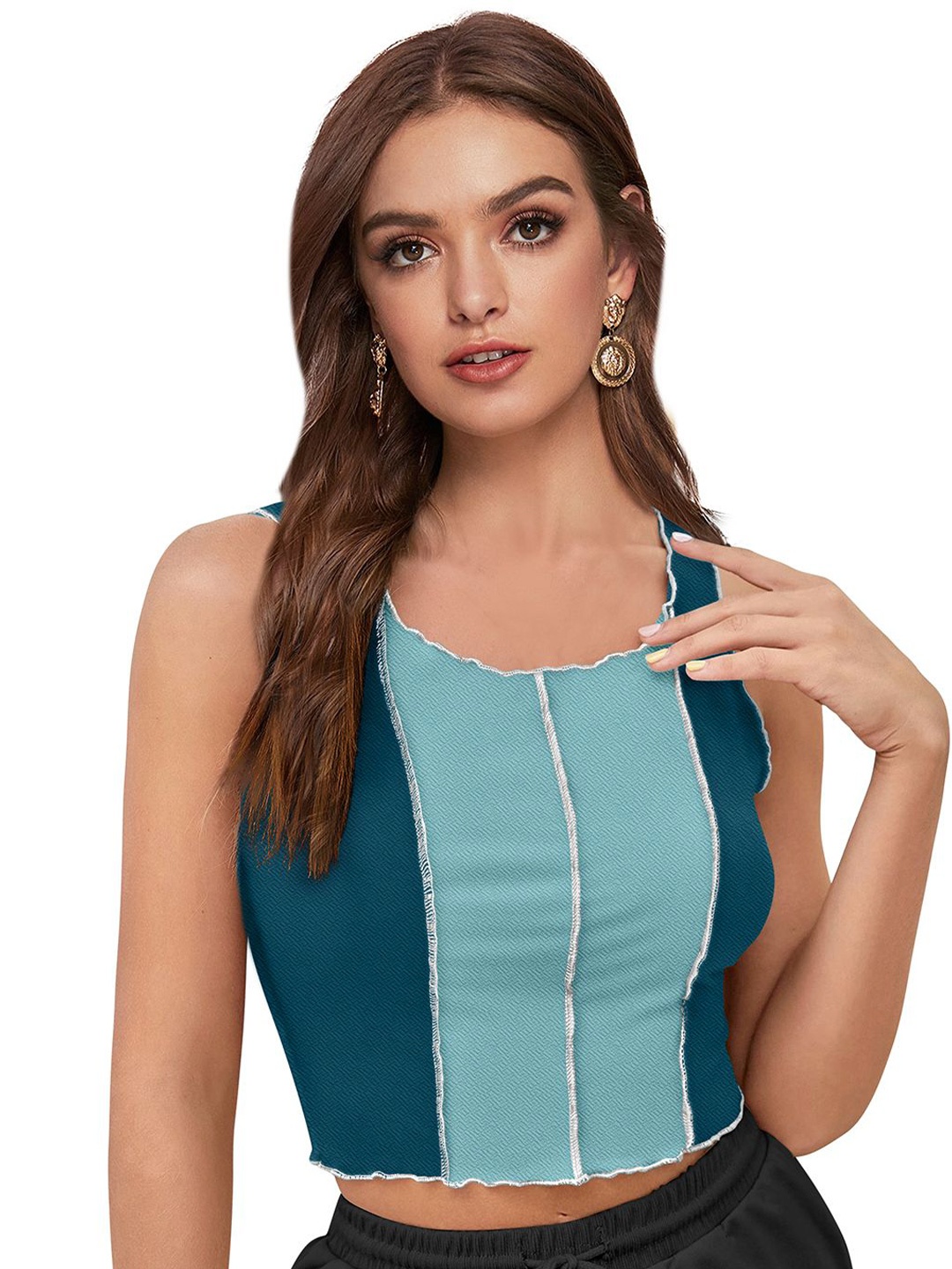 

S.K.C Women Colourblocked Crop Tank Top, Teal